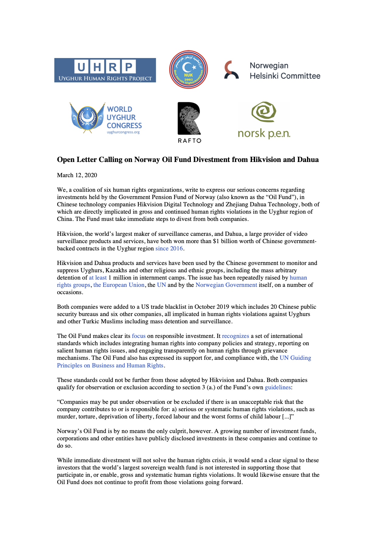 PRESS RELEASE: Coalition of NGOs Calls on Norway Oil Fund to Divest from Hikvision and Dahua