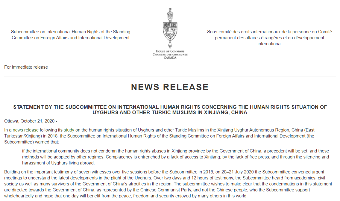 PRESS RELEASE: Canadian Parliamentary Committee Labels Uyghur Crisis a “Genocide”