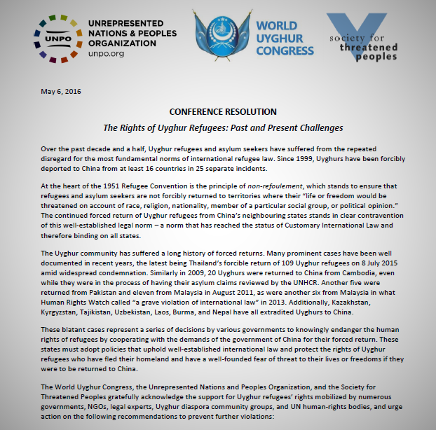 Conference Resolution on Uyghur Refugees and Asylum Seekers